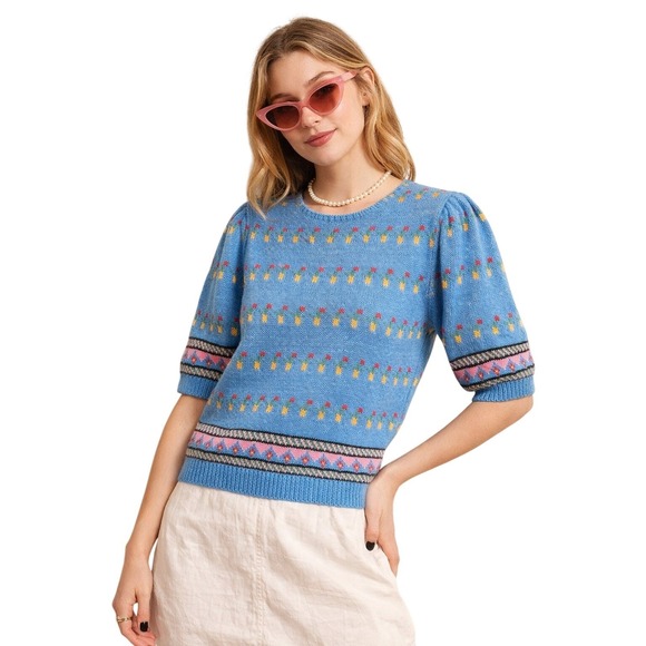 Robert Scott Sweaters - ROBERT SCOTT LTD floral patterned knit top blue grandmacore retro size‎ S